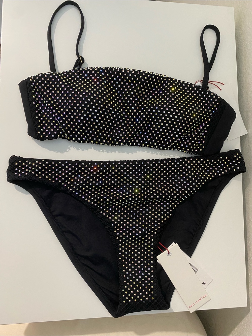 Red Carter Black Rhinestone Bandeau Bikini